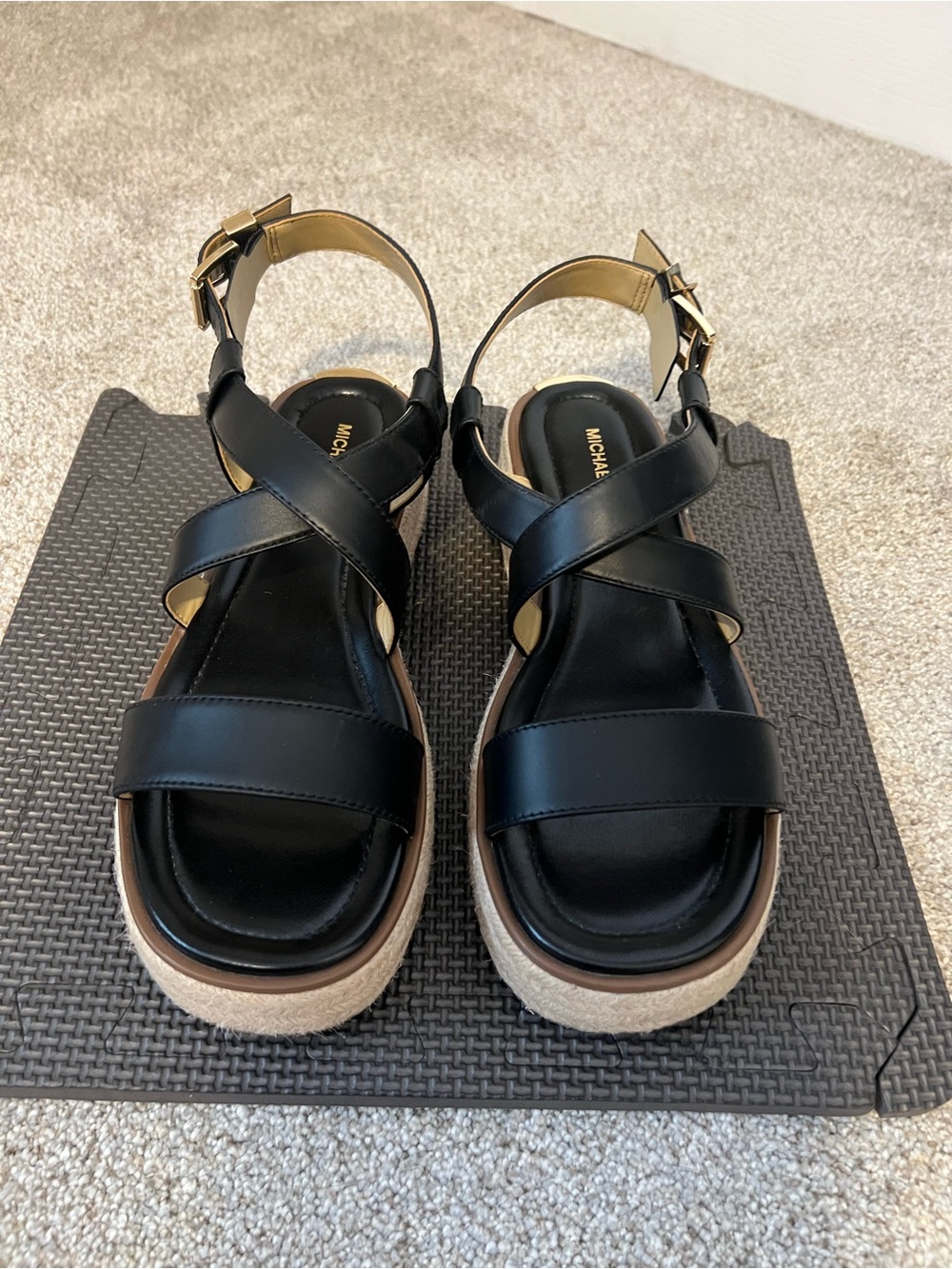 Michael Kors Black Leather Crisscross Platform Sandals with Gold Buckles
